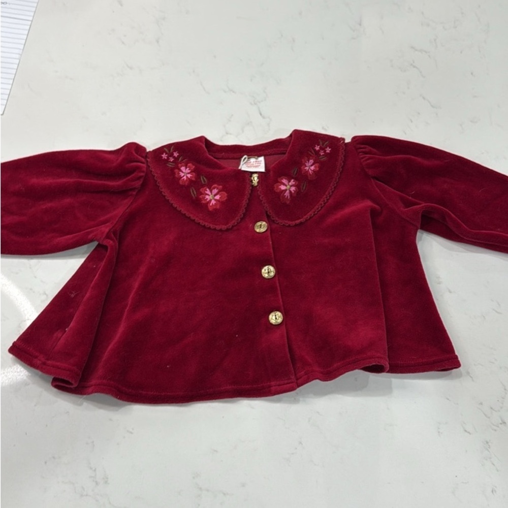 Vintage Red Velvet Baby Jacket with Floral Embroidery.. size 6 months